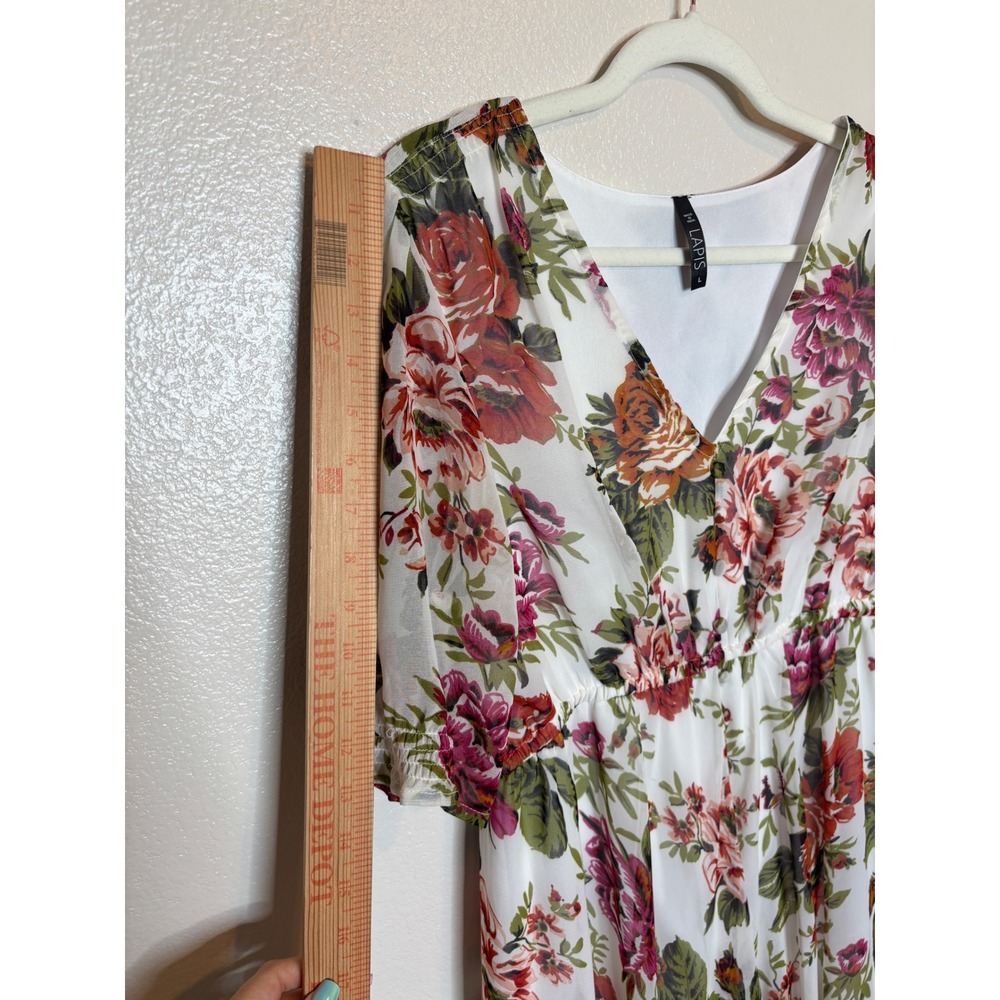 Lapis Womens Floral Maxi Dress White Red Rose V-Neck Elastic Waist Size Large - Picture 7 of 8